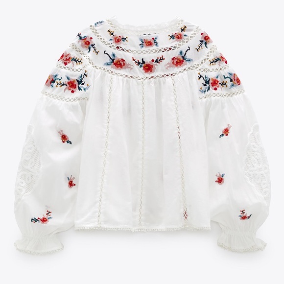 Zara White Floral Embroidered Open Smocked Puff Sleeve Boho Top - Picture 2 of 10